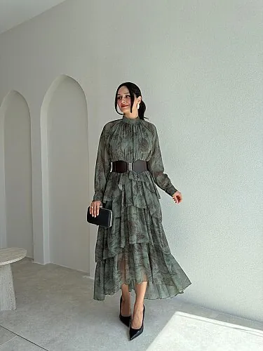 JANERO Desenli Midi Elbise 4176 - Yeşil - Mooi Butik
