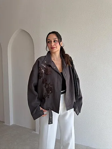 JASİE İşleme Detaylı Ceket 4131 - Acı Kahve - Mooi Butik