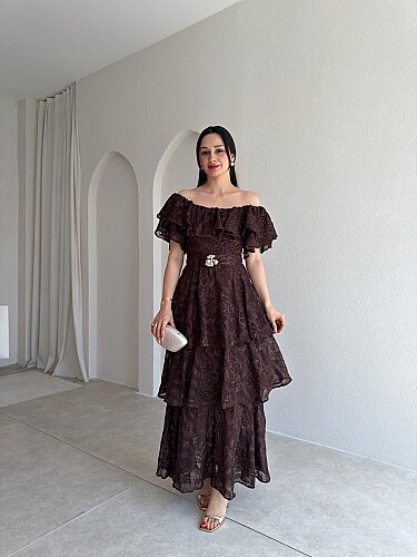 JODIE Düşük Omuzlu Elbise 8970 - Acı Kahve 