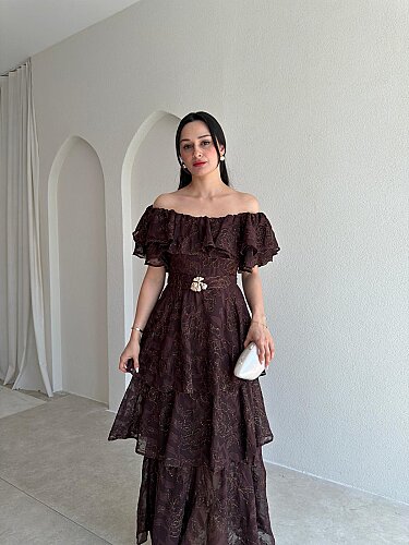 JODIE Düşük Omuzlu Elbise 8970 - Acı Kahve - 2