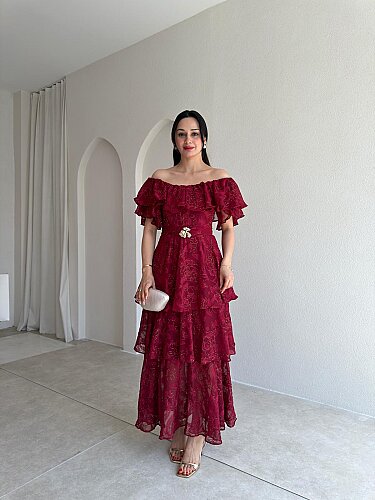 JODIE Düşük Omuzlu Elbise 8970 - Bordo 