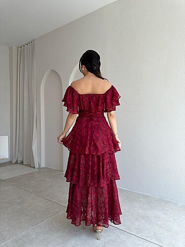 JODIE Düşük Omuzlu Elbise 8970 - Bordo - 3