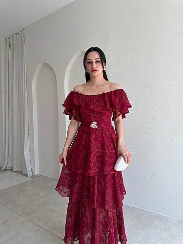JODIE Düşük Omuzlu Elbise 8970 - Bordo - 2