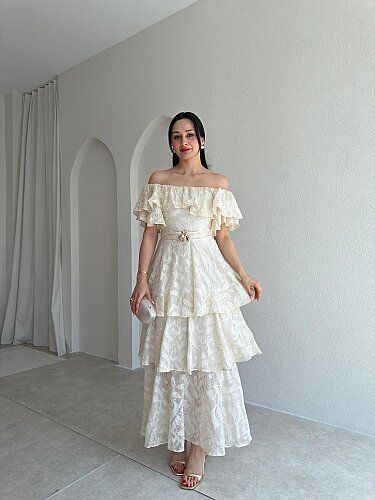 JODIE Düşük Omuzlu Elbise 8970 - Krem - 1
