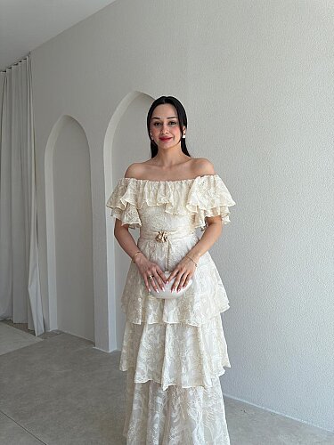 JODIE Düşük Omuzlu Elbise 8970 - Krem - 2