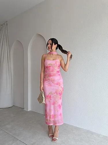 JOFREY Fularlı Midi Elbise 4084 - Pembe - Mooi Butik