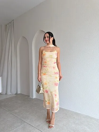 JOFREY Fularlı Midi Elbise 4084 - Sarı - Mooi Butik