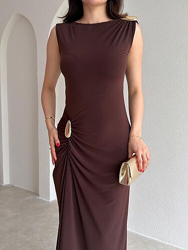 JUNGLE Maxi Elbise 7891 - Acı Kahve - 3