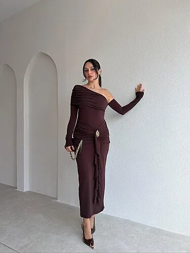KANTE Maxi Elbise 8207 - Acı Kahve - Mooi Butik