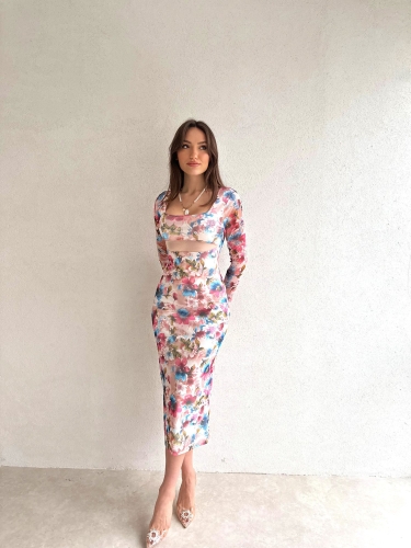 Kare Yaka Çiçek Desenli Midi Loren Elbise 5631 - Pembe 