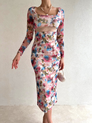 Kare Yaka Çiçek Desenli Midi Loren Elbise 5631 - Pembe - 2