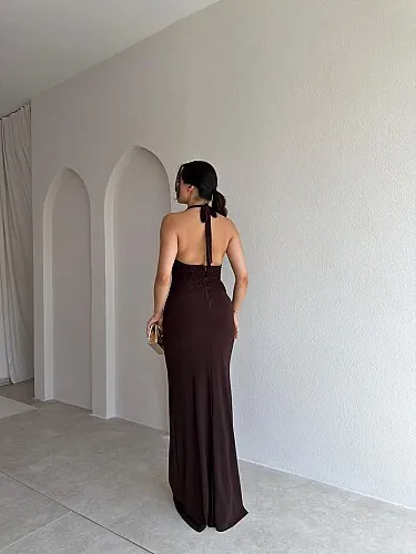 KHALESİ Dantel Detaylı Maxi Elbise 4066 - Acı Kahve - 3