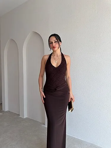 KHALESİ Dantel Detaylı Maxi Elbise 4066 - Acı Kahve - Mooi Butik