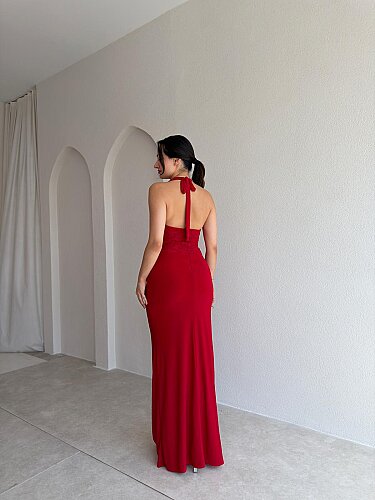  KHALESİ Dantel Detaylı Maxi Elbise 4066 - Kırmızı - 3