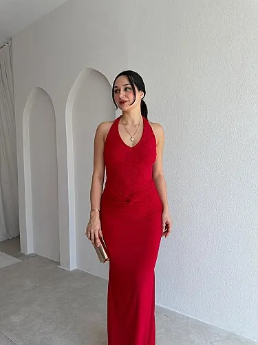  KHALESİ Dantel Detaylı Maxi Elbise 4066 - Kırmızı - Mooi Butik