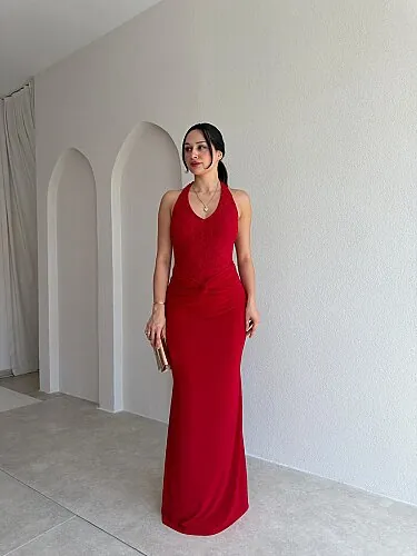  KHALESİ Dantel Detaylı Maxi Elbise 4066 - Kırmızı - 2