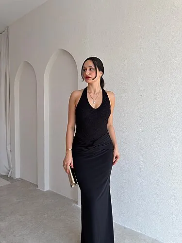 KHALESİ Dantel Detaylı Maxi Elbise 4066 - Siyah - Mooi Butik
