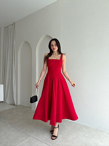 LAVOİR Kuşaklı Midi Elbise 5480 - Kırmızı 