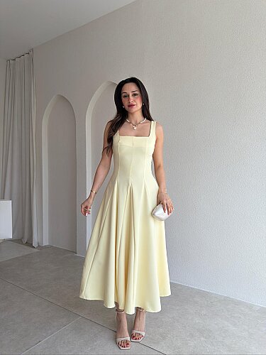 LAVOİR Kuşaklı Midi Elbise 5480 - Sarı - Mooi Butik