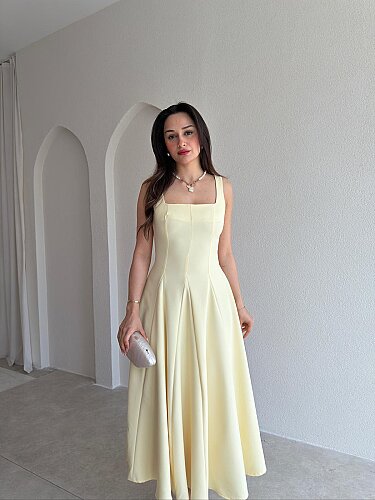 LAVOİR Kuşaklı Midi Elbise 5480 - Sarı - 2