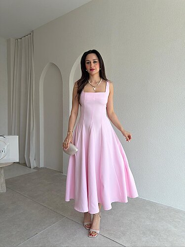 LAVOİR Kuşaklı Midi Elbise 5480 - Pembe - 1