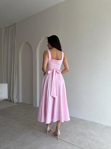 LAVOİR Kuşaklı Midi Elbise 5480 - Pembe - 3