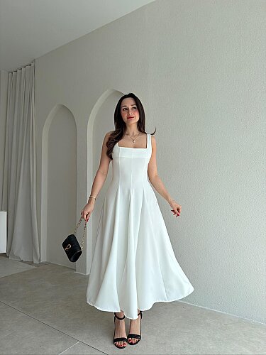 LAVOİR Kuşaklı Midi Elbise 5480 - Beyaz - 1