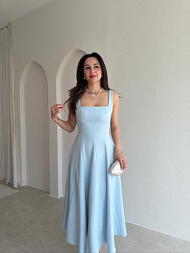 LAVOİR Kuşaklı Midi Elbise 5480 - Bebe Mavisi - 2
