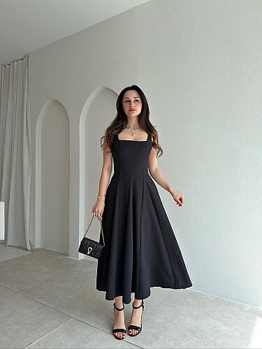 LAVOİR Kuşaklı Midi Elbise 5480 - Siyah 