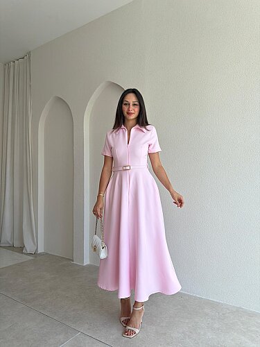 LEAVES Midi Elbise 3654 - Pembe 