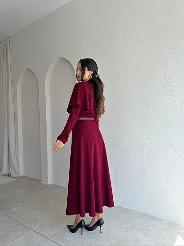 LEDA Pelerin Yakalı Midi Elbise 4147 - Bordo - 3