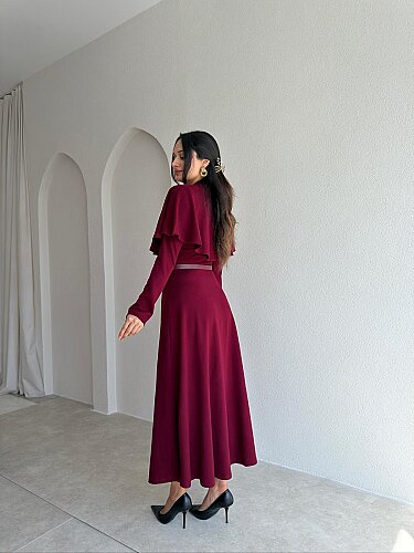 LEDA Pelerin Yakalı Midi Elbise 4147 - Bordo - 3