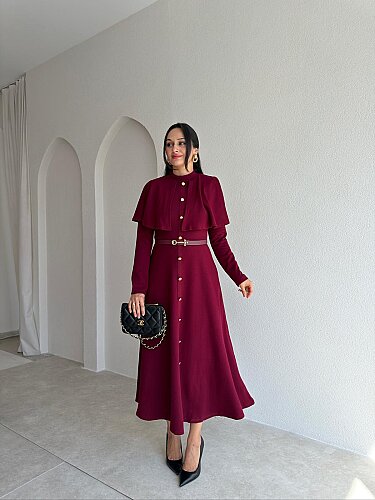 LEDA Pelerin Yakalı Midi Elbise 4147 - Bordo - 1