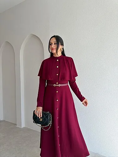 LEDA Pelerin Yakalı Midi Elbise 4147 - Bordo - 2