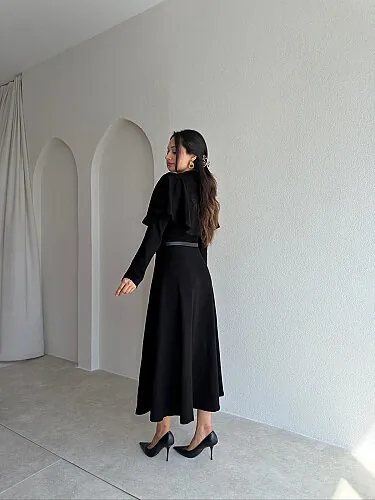LEDA Pelerin Yakalı Midi Elbise 4147 - Siyah - 3