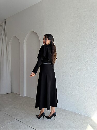 LEDA Pelerin Yakalı Midi Elbise 4147 - Siyah - 3