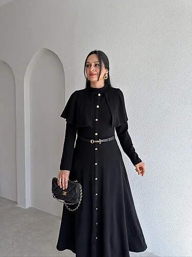 LEDA Pelerin Yakalı Midi Elbise 4147 - Siyah - 2