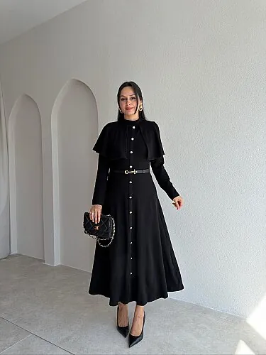 LEDA Pelerin Yakalı Midi Elbise 4147 - Siyah - Mooi Butik