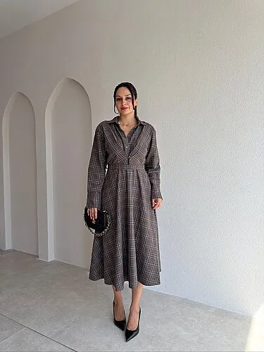 LERANİ Ekoseli Midi Elbise 4133 - Acı Kahve - Mooi Butik