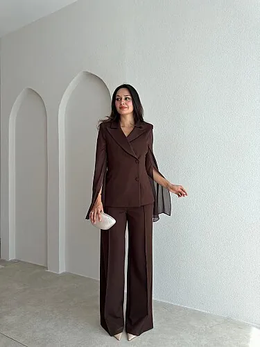 LİAM Tül Kol Detaylı Takım 4184 - Acı Kahve - Mooi Butik