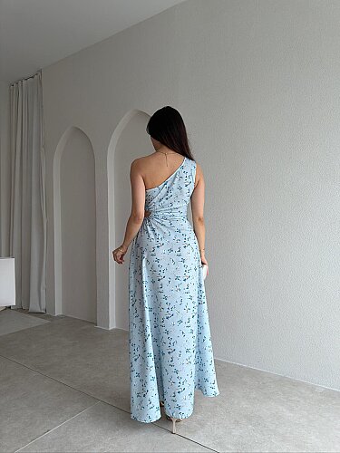 LİZARD Çiçekli Tek Omuz Maxi Elbise 9040 - Mavi - 3