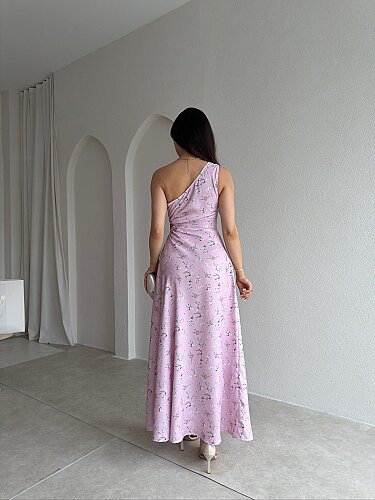 LİZARD Çiçekli Tek Omuz Maxi Elbise 9040 - Pudra - 3