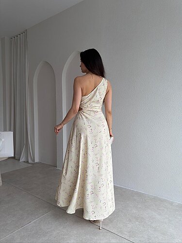 LİZARD Çiçekli Tek Omuz Maxi Elbise 9040 - Sarı - 3