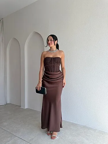 LOWA Korse Detaylı Saten Maxi Elbise 4119 - Acı Kahve - Mooi Butik