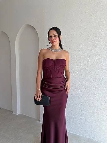 LOWA Korse Detaylı Saten Maxi Elbise 4119 - Mürdüm - 2