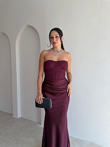 LOWA Korse Detaylı Saten Maxi Elbise 4119 - Mürdüm - 2