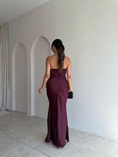 LOWA Korse Detaylı Saten Maxi Elbise 4119 - Mürdüm - 3