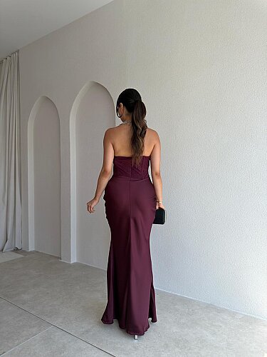 LOWA Korse Detaylı Saten Maxi Elbise 4119 - Mürdüm - 3