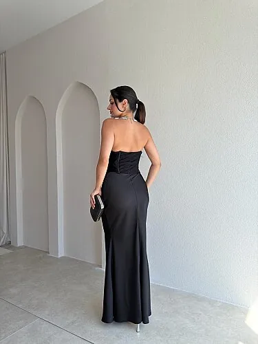 LOWA Korse Detaylı Saten Maxi Elbise 4119 - Siyah - 4
