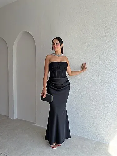 LOWA Korse Detaylı Saten Maxi Elbise 4119 - Siyah - Mooi Butik